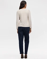 Pleated-Long-Sleeve Boat-Neck Mix-Media Top