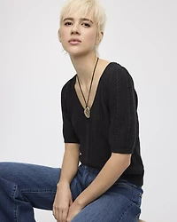 Puffy-Elbow-Sleeve V-Neck Sweater