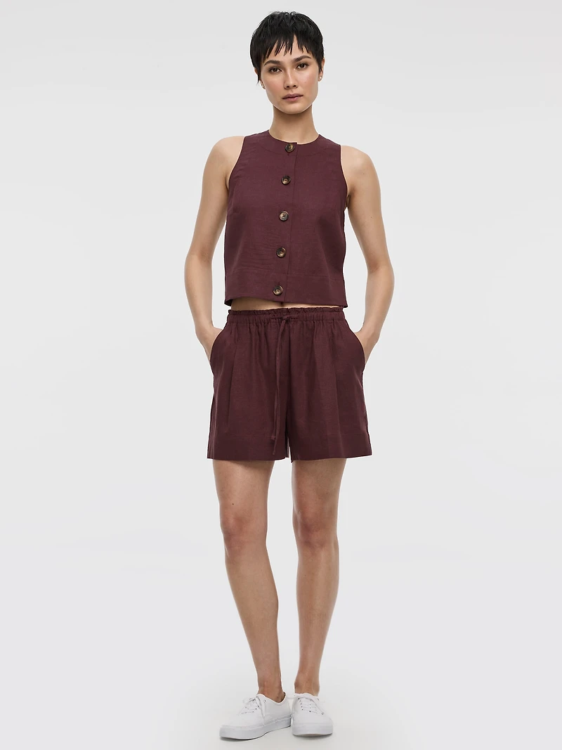 Short en mélange de lin à taille élastique