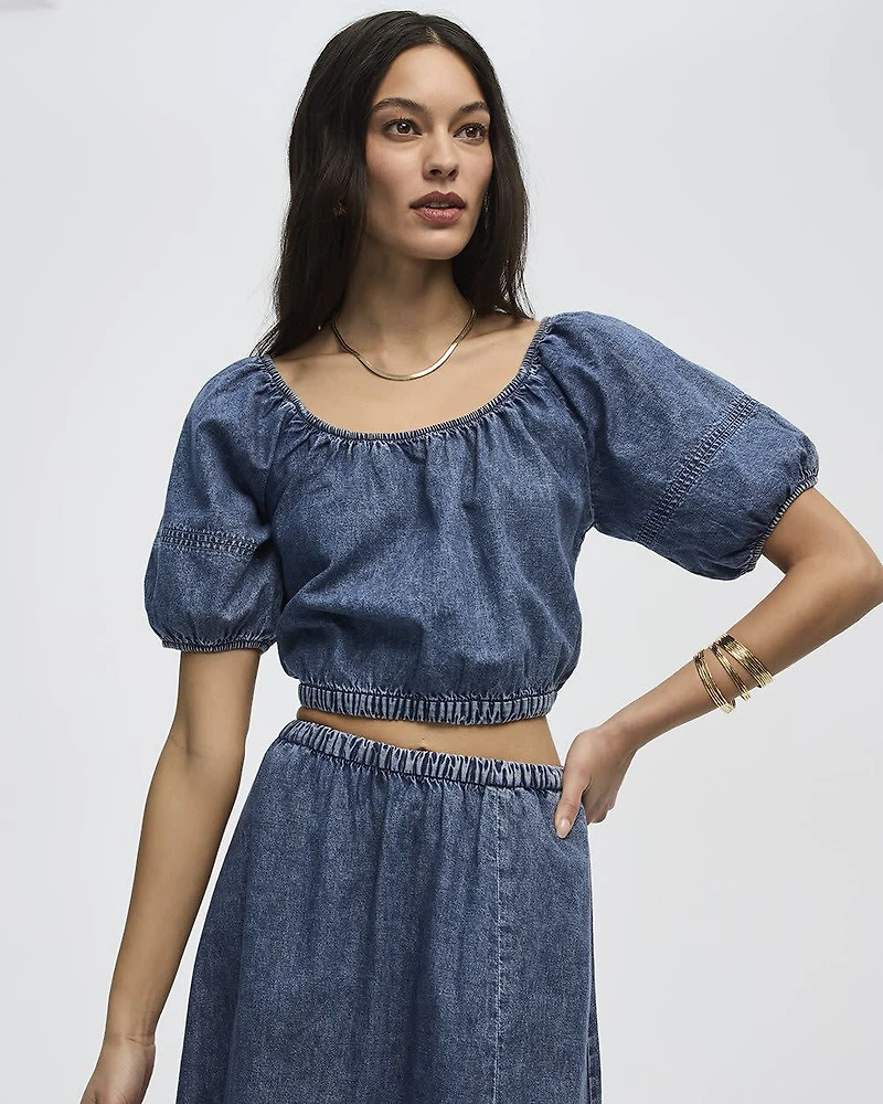 Short-Puffy-Sleeve Denim Top with Boat Neckline
