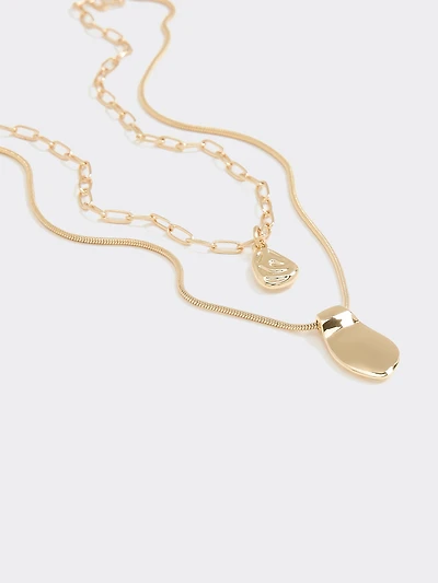 Double-Chain Short Necklace with Organic Pendant