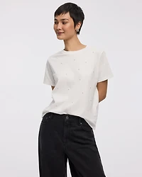 T-shirt à manches courtes et col rond avec strass