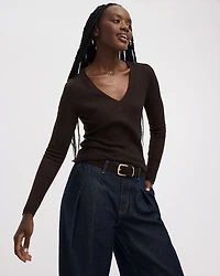 Long-Sleeve V-Neck Pullover with Wide Ribs