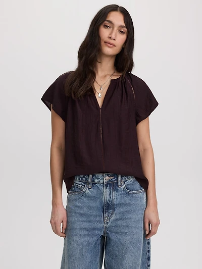 Split-Neck Blouse with Flutter Sleeves