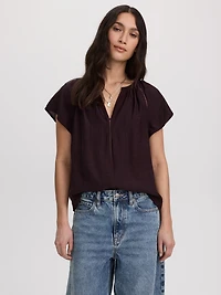 Split-Neck Blouse with Flutter Sleeves