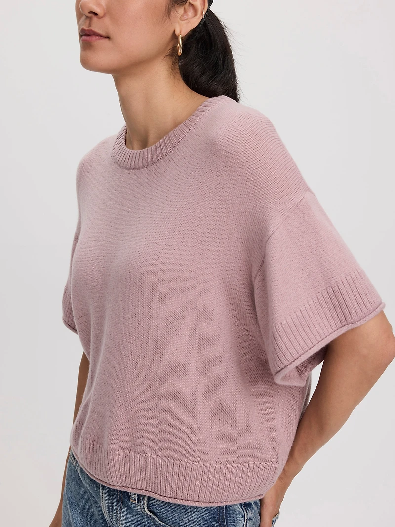Cashmere-Blend Short-Sleeve Crew-Neck Loose Sweater