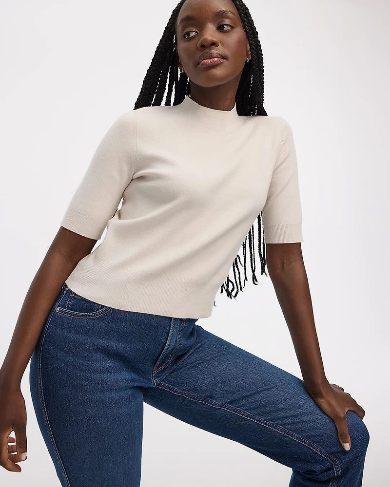 Elbow-Sleeve Mock-Neck Top