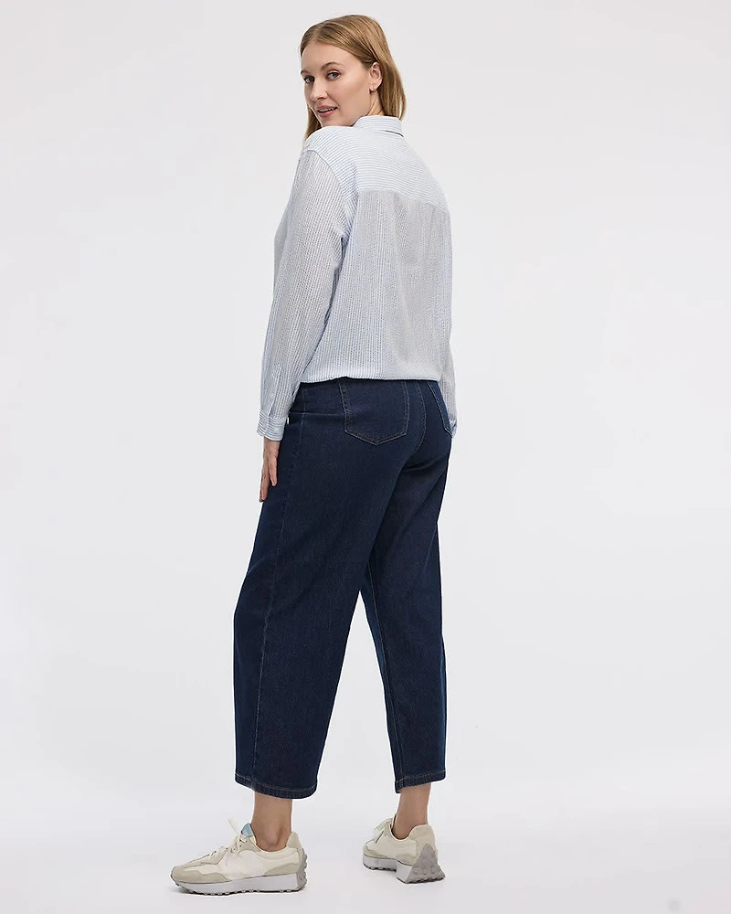Seersucker Long-Sleeve Buttoned-Down Blouse