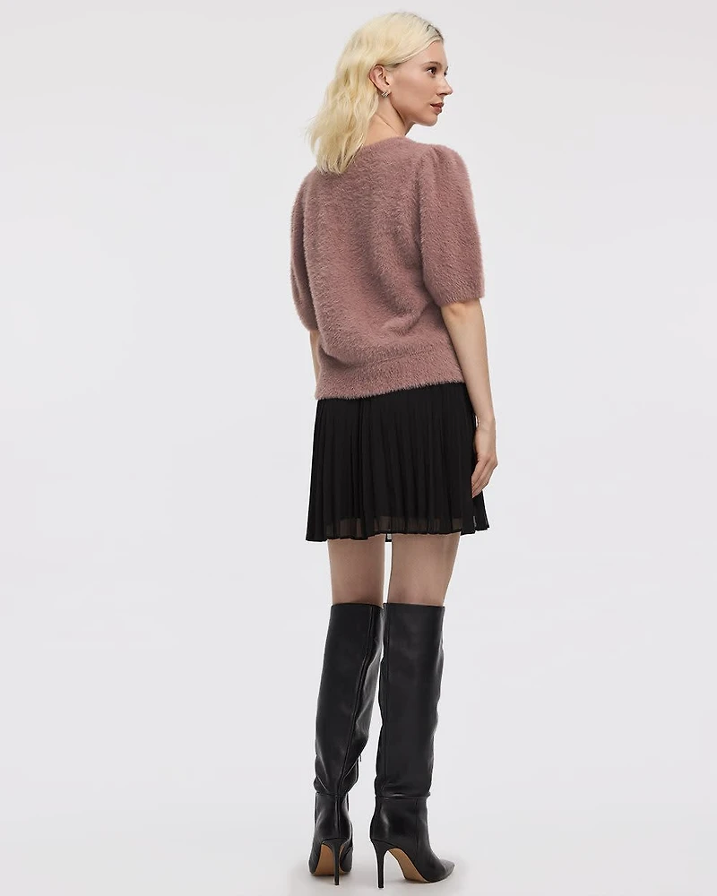 Short-Sleeve Crew-Neck Feather-Yarn Pullover