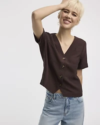 Short-Sleeve V-Neck Buttoned-Down Blouse