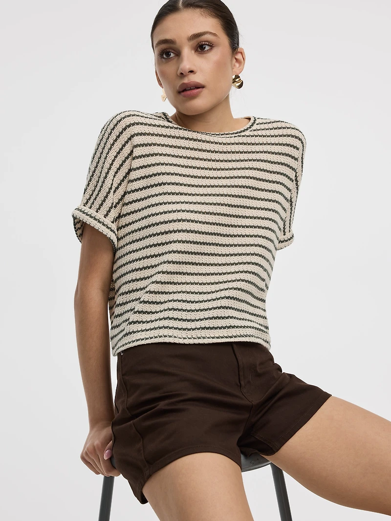 Striped Short-Dolman-Sleeve Crew-Neck Tee