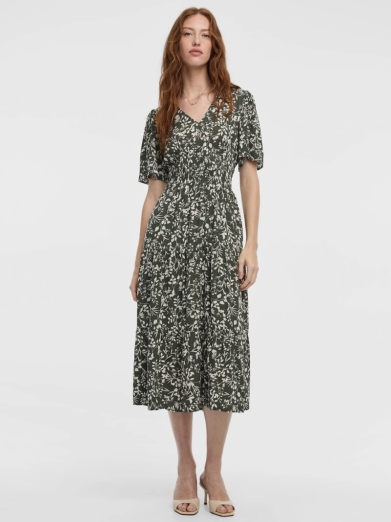 Short-Flutter-Sleeve V-Neck Tiered Midi Dress