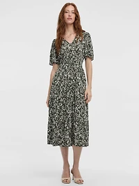 Short-Flutter-Sleeve V-Neck Tiered Midi Dress