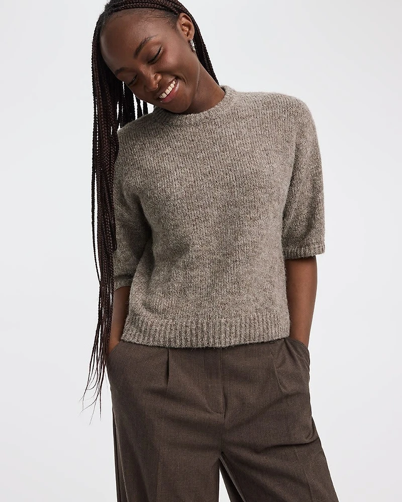 Elbow-Sleeve Crew-Neck Loose Sweater