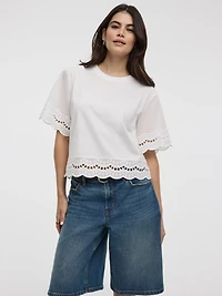 Short-Sleeve Mix-Media Top with Embroidered Trims
