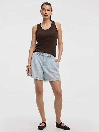 Pleated Denim Shorts