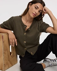 Short-Balloon-Sleeve Crew-Neck Cardigan