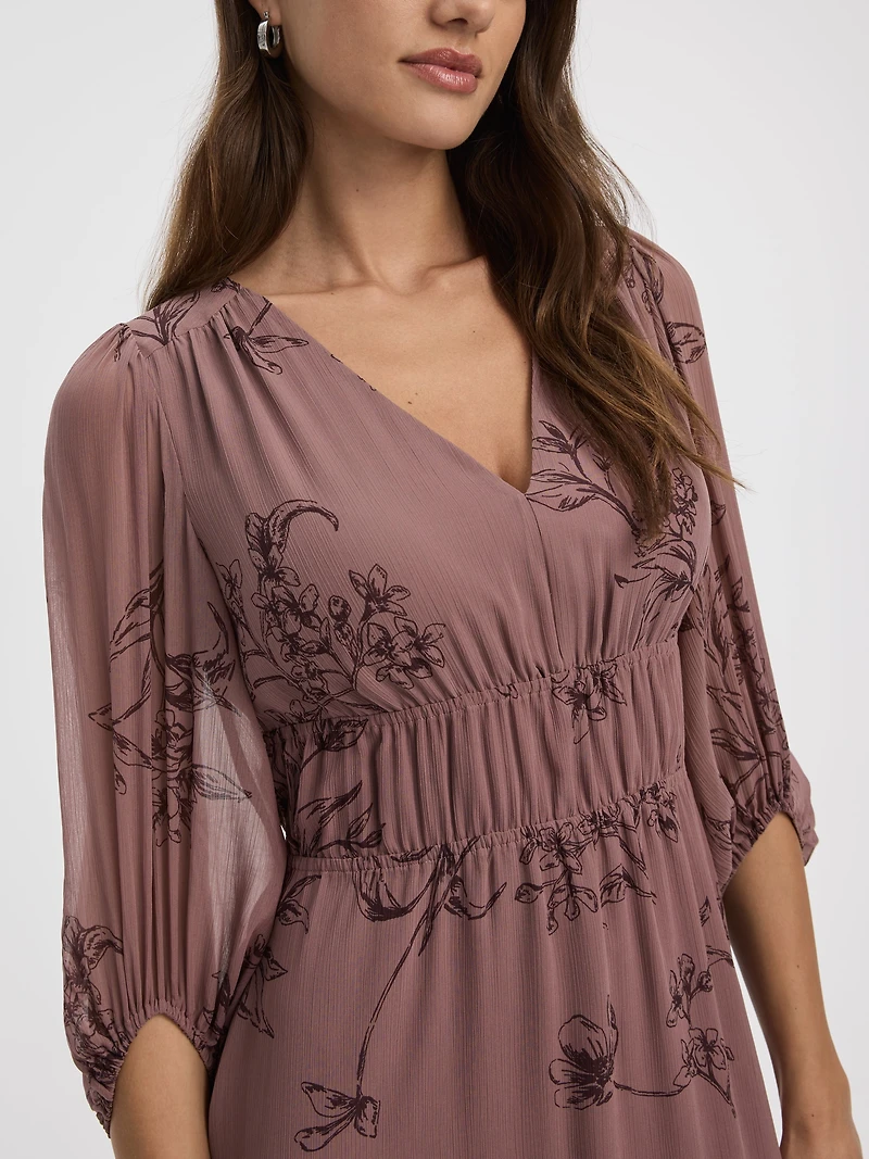 Robe midi à taille empire manches transparentes et col V