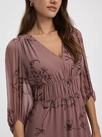 Robe midi à taille empire manches transparentes et col V