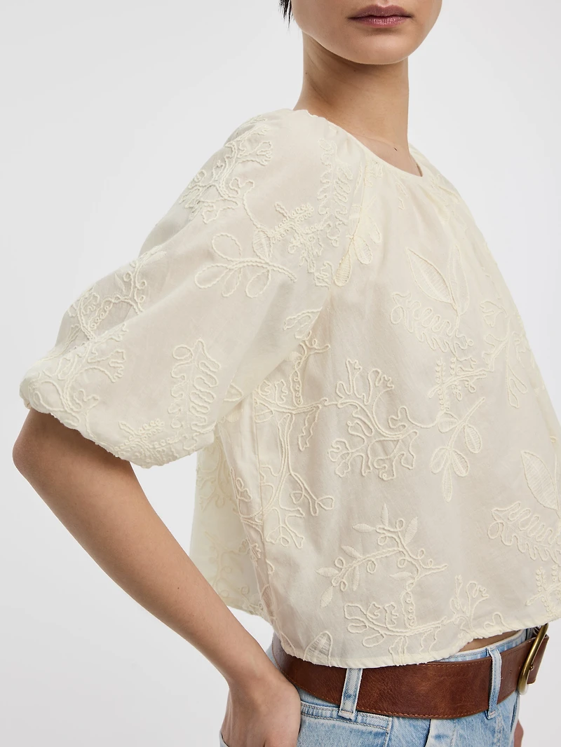 Elbow-Sleeve Scoop-Neck Eyelet Blouse