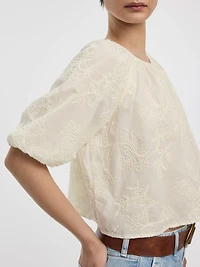 Elbow-Sleeve Scoop-Neck Eyelet Blouse