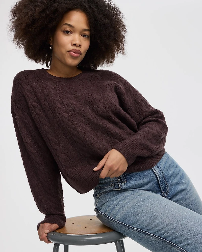 Long-Sleeve Crew-Neck Pullover with Cable Stitches