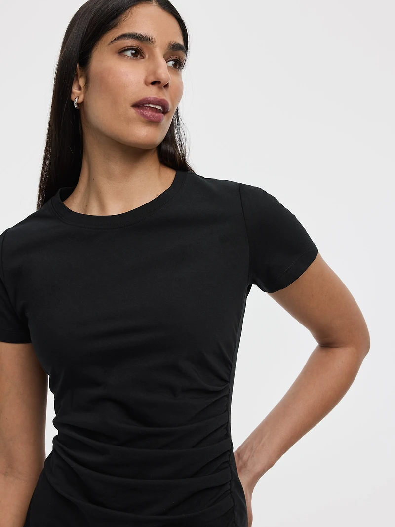 Short-Sleeve Bodycon Midi Dress with Side Shirring