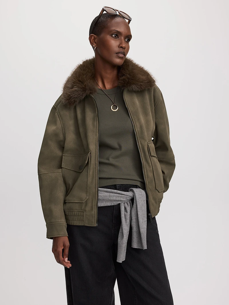 Veste aviateur en faux suède avec col fausse fourrure