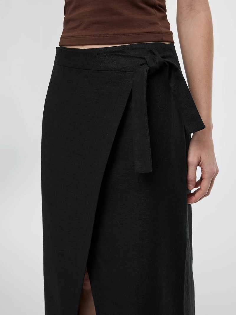 Linen-Blend Wrap Maxi Skirt