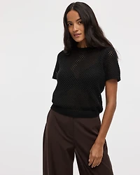 Short-Sleeve Crew-Neck Open-Stitch Pullover