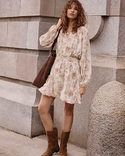 Long-Puffy-Sleeve Bubble Mini Dress with V Neckline