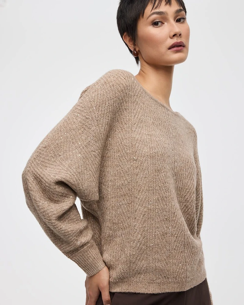 Long-Sleeve Boat-Neck Boxy Sweater with All-Over Sequins