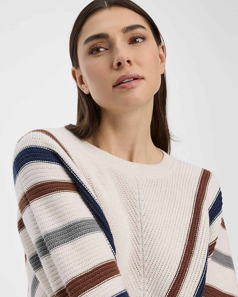 Striped Long-Dolman-Sleeve Crew-Neck Pullover