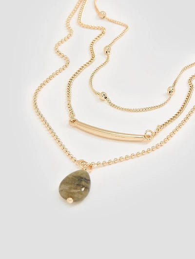 Triple-Chain Short Necklace with Stone Pendant