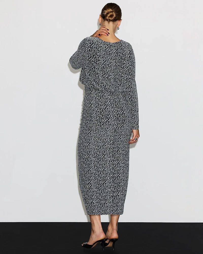 Long-Sleeve Midi Dress with Metallic Leopard Print