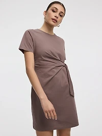Short-Sleeve Fitted Dress with Knot Detail