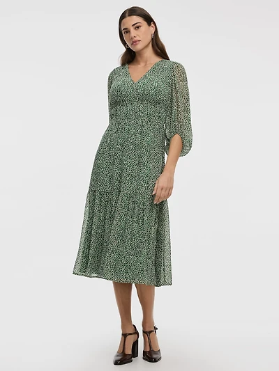 V-Neck Empire Midi Dress with Sheer Sleeves