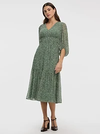 V-Neck Empire Midi Dress with Sheer Sleeves