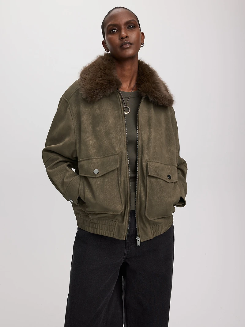 Veste aviateur en faux suède avec col fausse fourrure