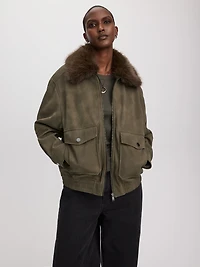 Veste aviateur en faux suède avec col fausse fourrure