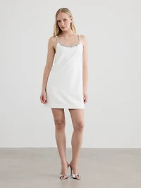 Sleeveless Scoop-Neck Mini Shift Dress with Rhinestones