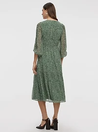 V-Neck Empire Midi Dress with Sheer Sleeves