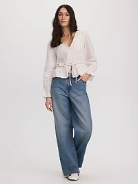 Long-Sleeve V-Neck Blouse with Lace Trims