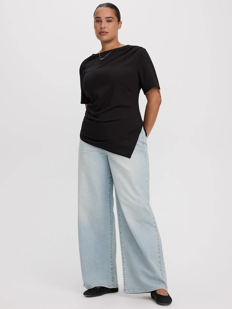 Short-Sleeve Shirred Top with Asymmetrical Hem