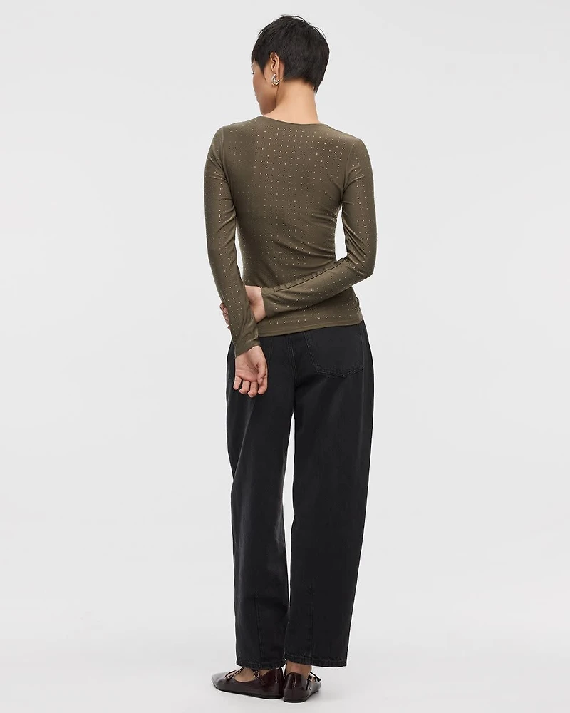 Long-Sleeve Crew-Neck Top with Rhinestones