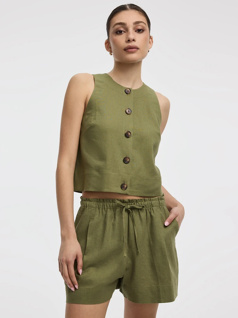 Short en mélange de lin à taille élastique