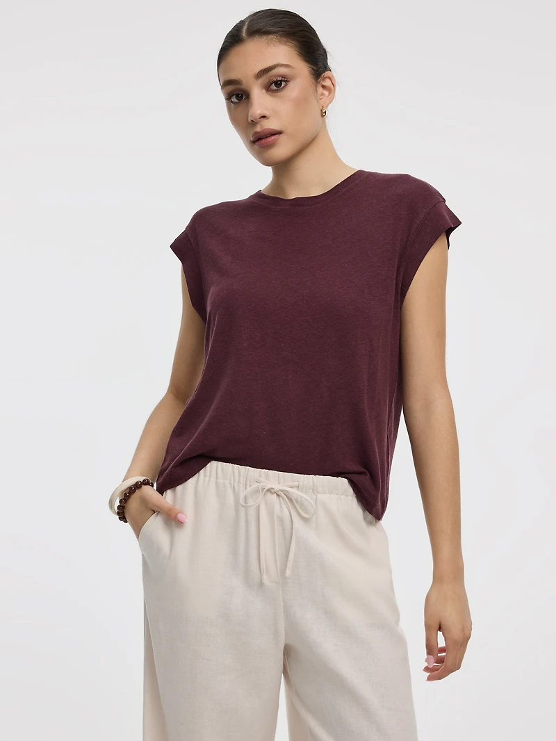 T-shirt en mélange de lin à manches très courtes et col rond