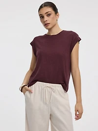 T-shirt en mélange de lin à manches très courtes et col rond