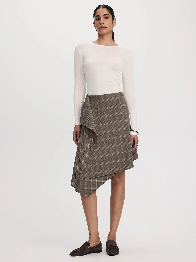 Plaid Midi Skirt with Asymmetrical Hem