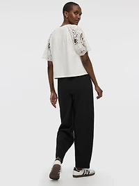 Crew-Neck Mix-Media T-Shirt with Short Puffy Sleeves